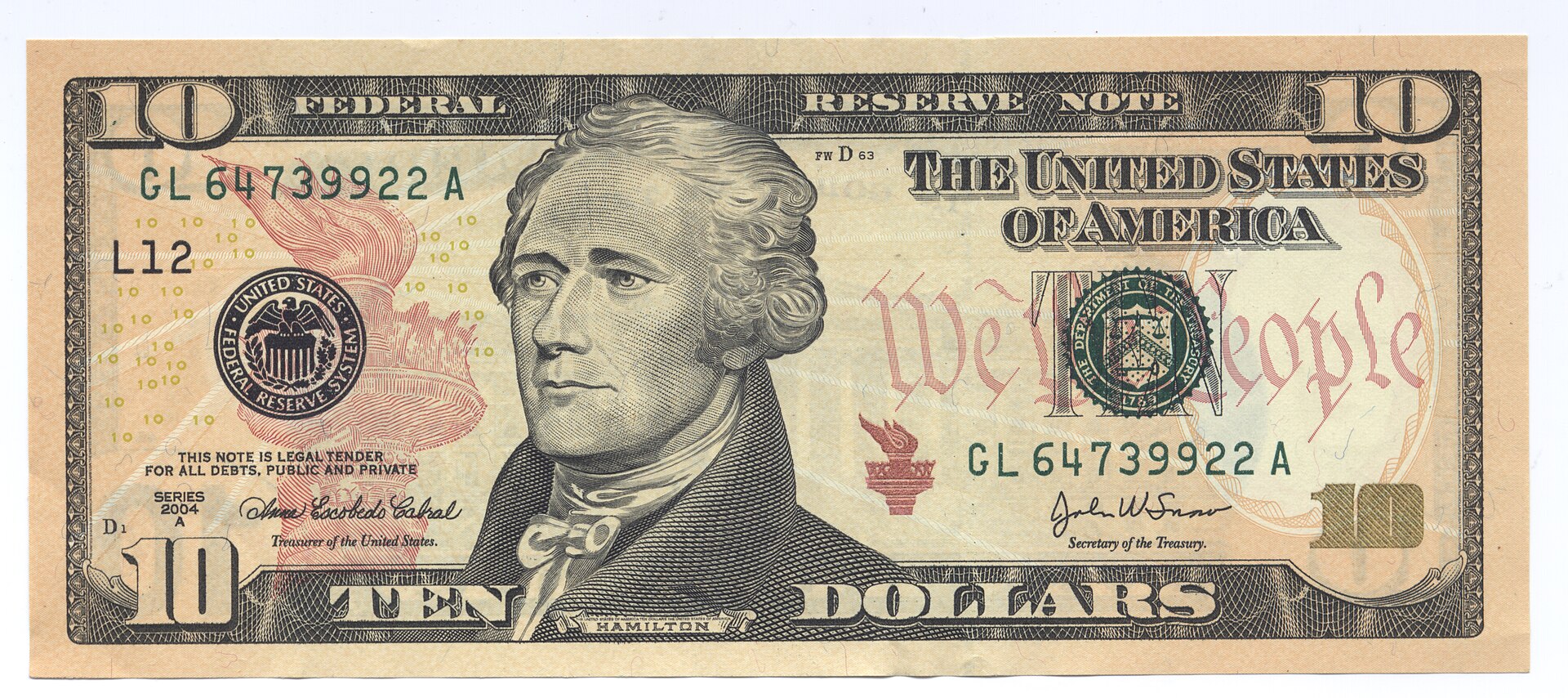 Billet de 10 dollars américains USD série 2013 Alexander Hamilton — meilleur bureau de change à Paris pour acheter des dollars, agence We Change Beaubourg Châtelet Les Halles, meilleur taux de change euro dollar américain sans frais