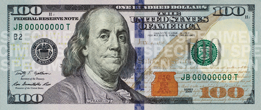 Billet de 100 dollars américains USD série 2013 Benjamin Franklin — meilleur bureau de change dollar à Paris, acheter et revendre des dollars américains au meilleur taux de change euro dollar, agence Beaubourg Châtelet Les Halles sans frais
