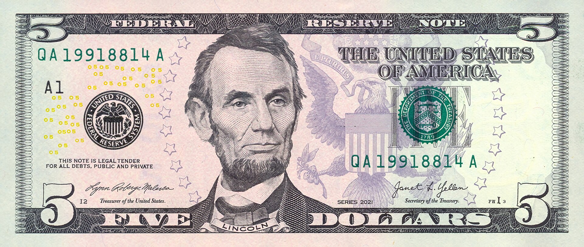 Billet de 5 dollars américains USD série 2021 Abraham Lincoln — bureau de change dollar Paris Beaubourg Rambuteau, meilleur taux de change euro dollar, achat et rachat dollars au meilleur prix Paris