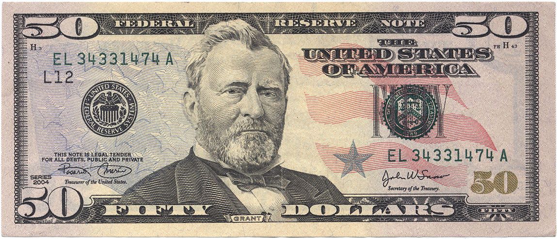 Billet de 50 dollars américains USD série 2013 Ulysses S. Grant — meilleur taux de change dollar Paris, bureau de change We Change Beaubourg proche Châtelet Les Halles, achat et revente dollars américains