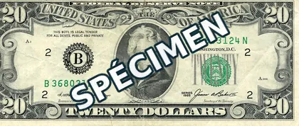 20 $ — Small-head USD, recto, spécimen